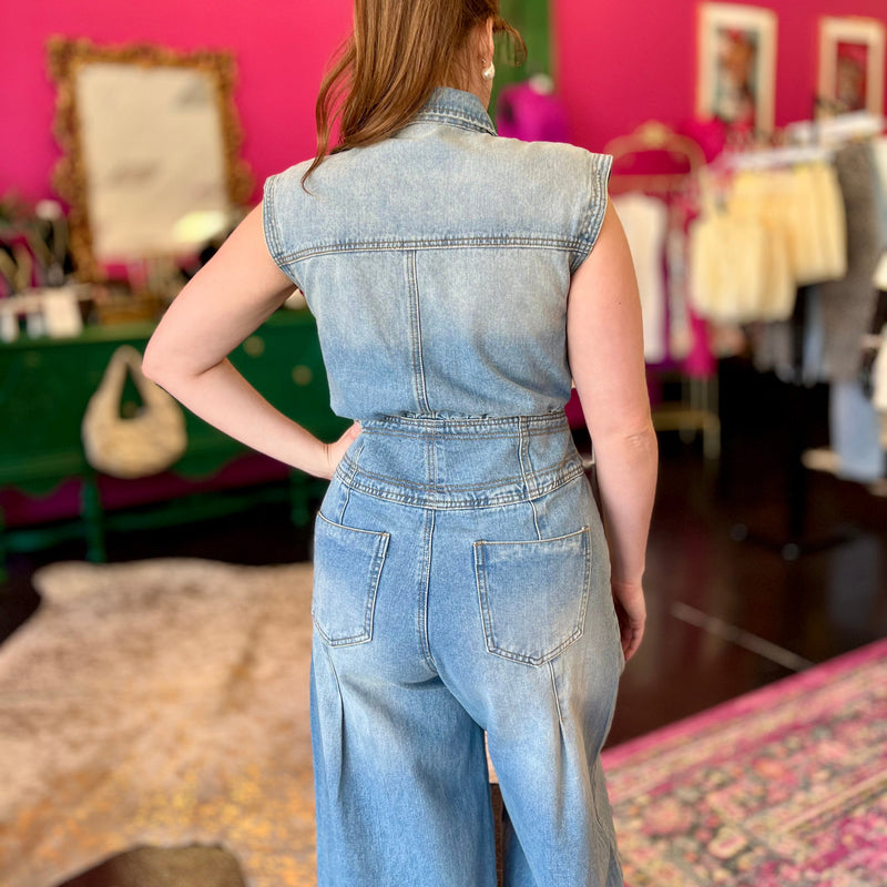 Washed Denim Wide Leg Jumpsuit