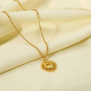 Gold Sun Burst Heart Necklace - Water Resistant