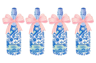 Four decorative bottles with floral patterns and pink bows on a white background