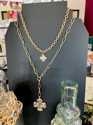 Mixed Metal Cross Lariat Necklace