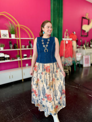 Denim Cactus Mesh Maxi Skirt