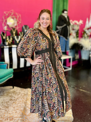 Black Paisley Print Midi Dress