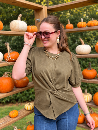 Olive Faux Suede Twist Top by THML