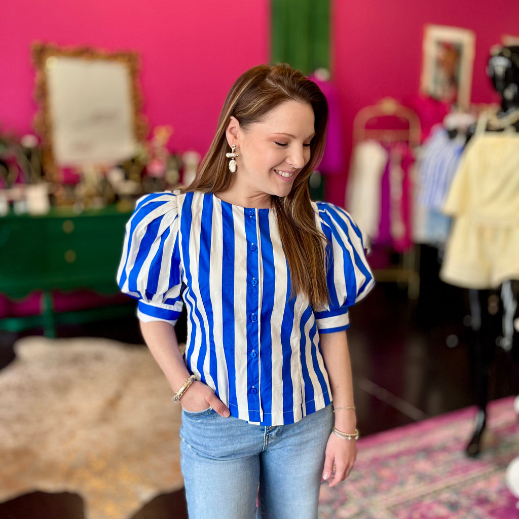 Royal Blue Striped Puff Sleeve Top