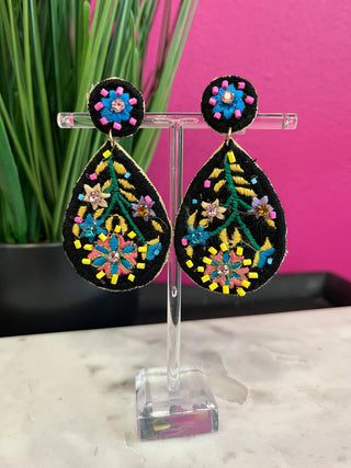 Black Floral Embroidery Teardrop Earring