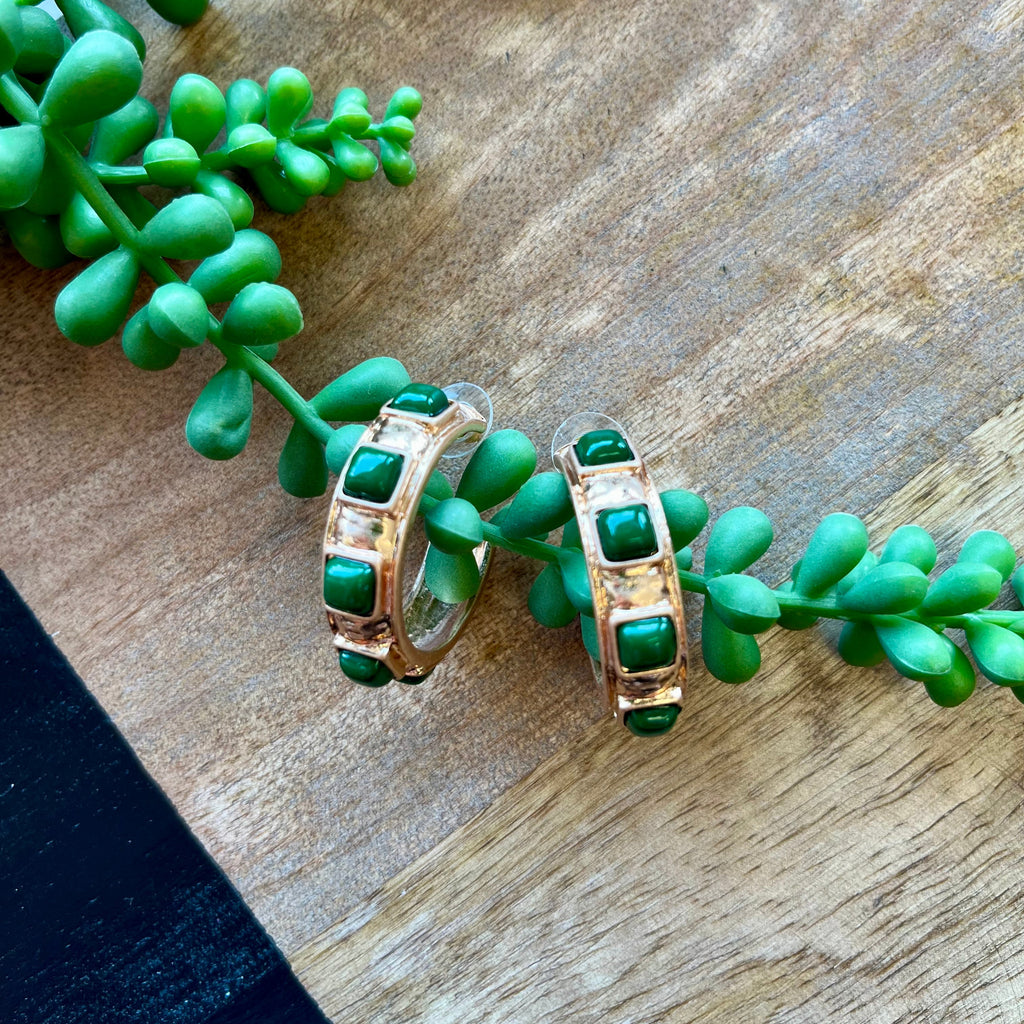 Gold & Square Green Stone Hoops