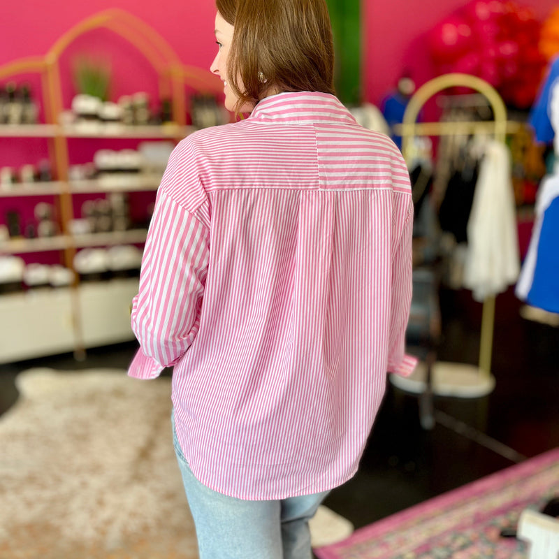 Pink & White Striped Button Up Top