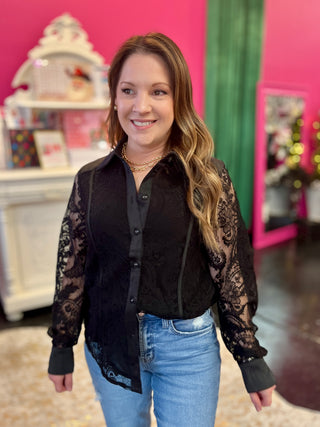 Black Paisley Lace Button Up Top