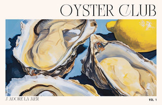 Illustration of oysters with a lemon on a blue background, featuring the text 'Oyster Club' and 'J'Adore La Mer'.