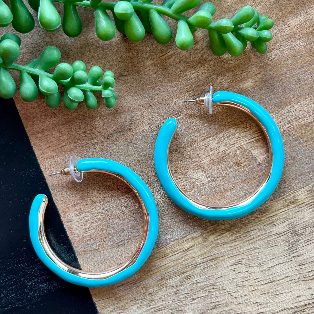 Turq Enamel & Gold Lg Hoop Earrings