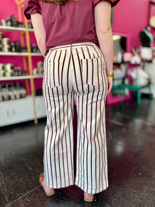 Ivory & Maroon Striped Ankle Jeans