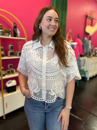 Off White Lace Button Up Top