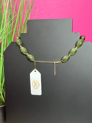 Olive Green Beaded Charm Pendant Necklace
