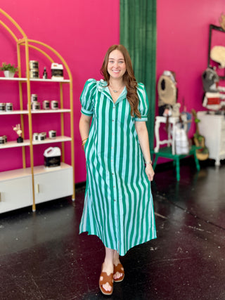 Green & Turquoise Striped Midi Dress