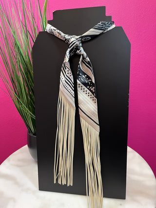 Ivory & Black Print Fringe Twilly