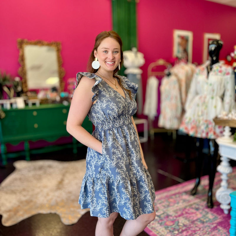 Denim & White Floral Print Dress