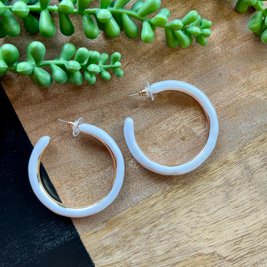 White Enamel & Gold Lg Hoop Earrings
