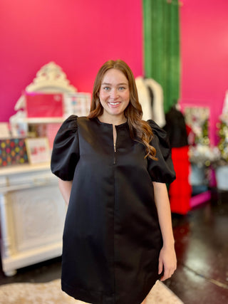 Black Satin Puff Sleeve Dress