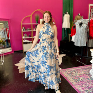 Cream & Blue Floral Maxi Dress