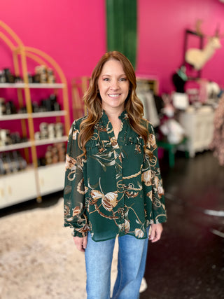 Dark Green Floral Print Top