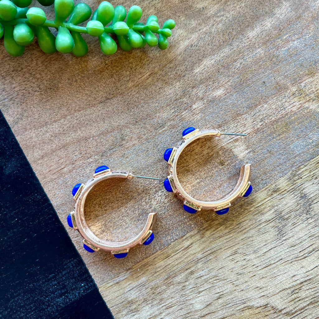 Gold & Square Royal Blue Stone Hoops