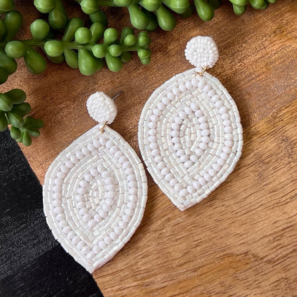 White Beaded Point Oval Earring