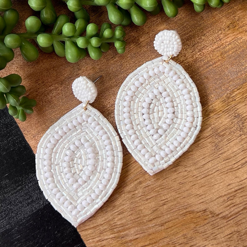 White Beaded Point Oval Earring