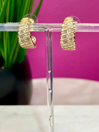 Gold & Diagonal Crystal Hoop Earrings