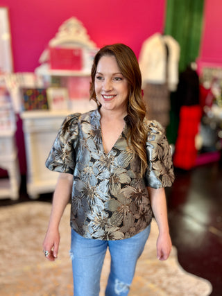 Gray & Black Metallic Puff Sleeve Top