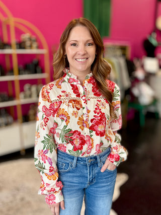 Cream, Red, & Orange Floral Print Top