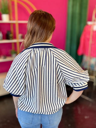 Navy Striped Ribbed Collar Top