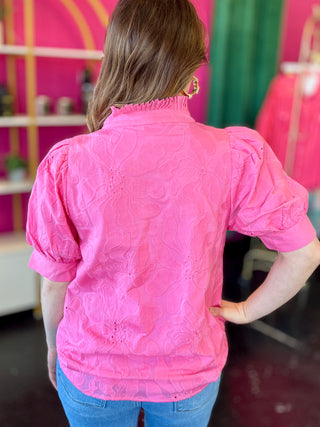 Bright Pink Solid Floral Embroidery Top