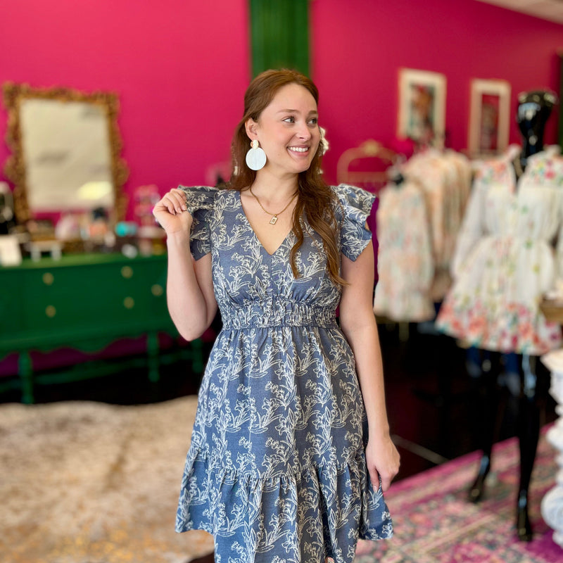 Denim & White Floral Print Dress