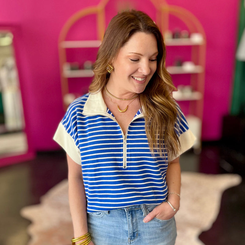 Royal Blue & White Striped Half Zip Top
