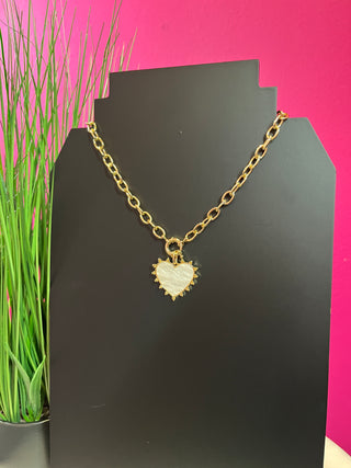 Pearlized White & Gold Heart Chain Link Necklace