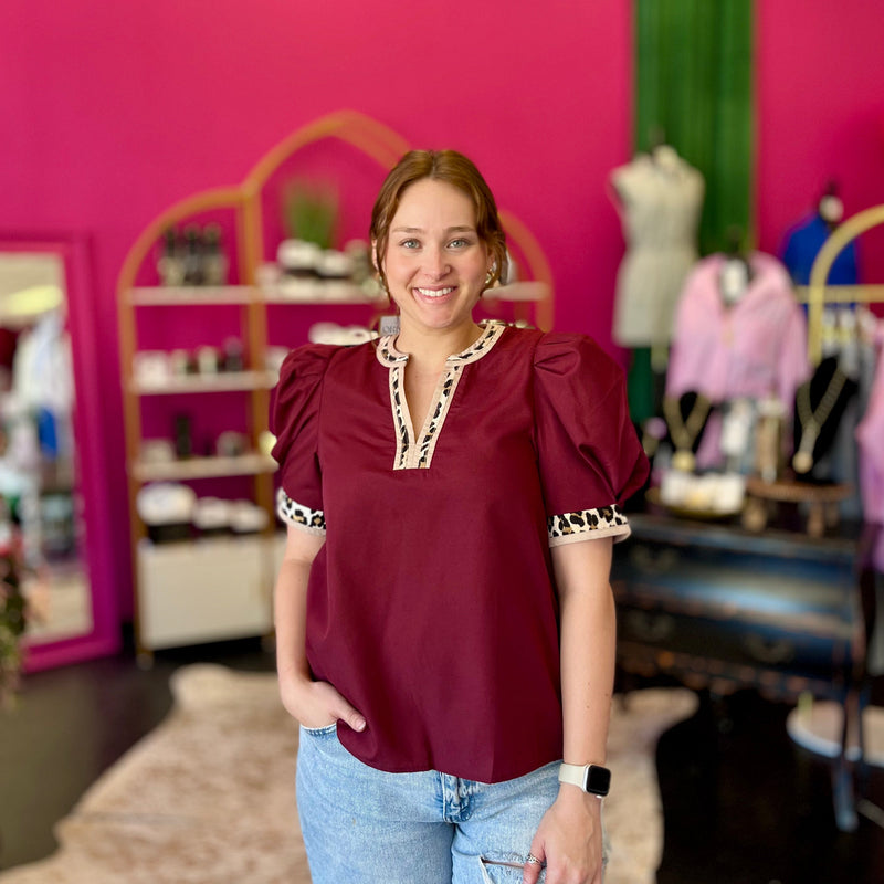 Maroon & Leopard Trim Top