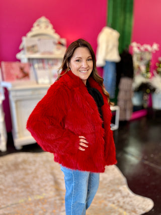 Red Faux Minky Fur Short Jacket