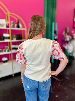 Pink, Beige, & Cream Crochet Sleeve Top