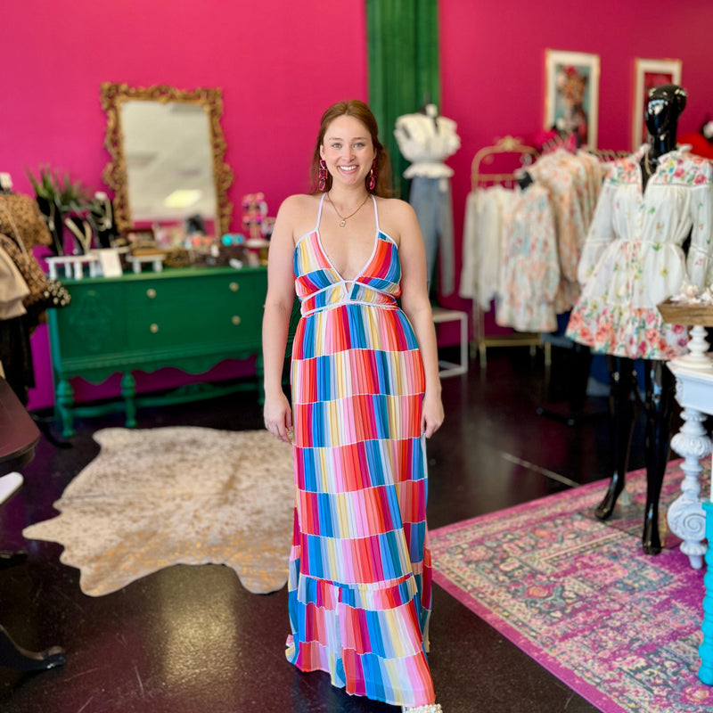 Rainbow Square Pleated Maxin Dress