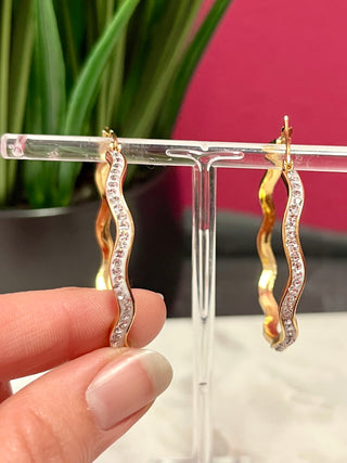 Gold & Crystal Wavy Hoop Earrings - Water Resistant