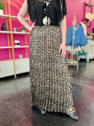 Leopard Metallic Pleated Maxi Skirt