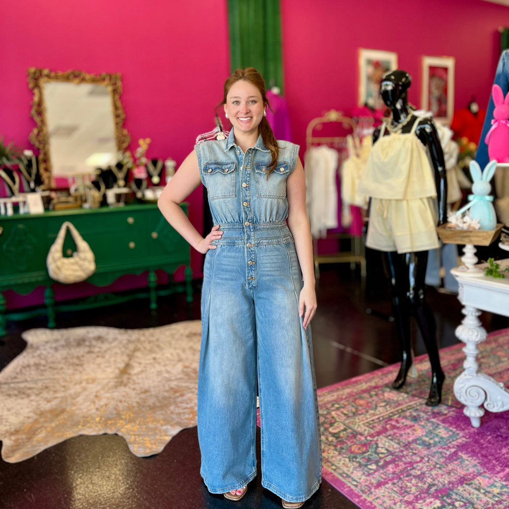 Washed Denim Wide Leg Jumpsuit