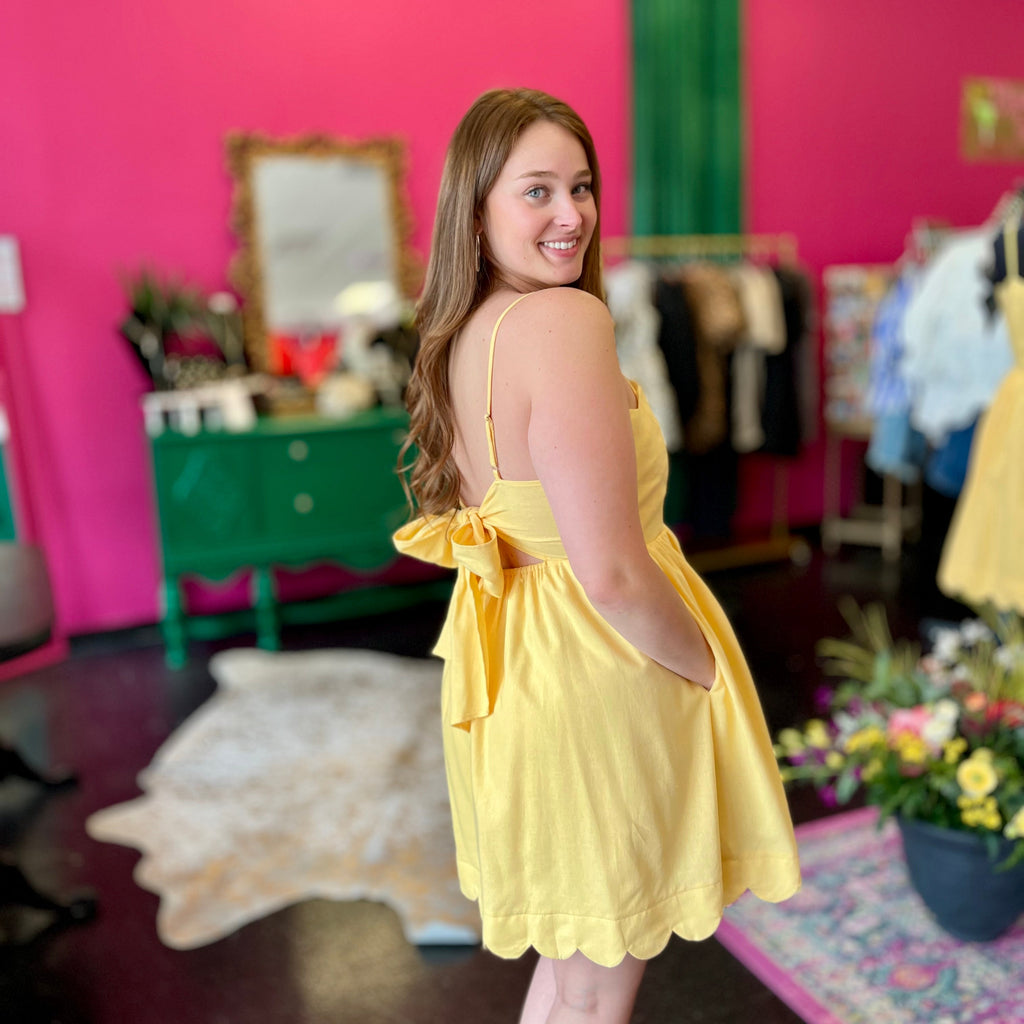 Yellow Scallopped & Bow Back Dress