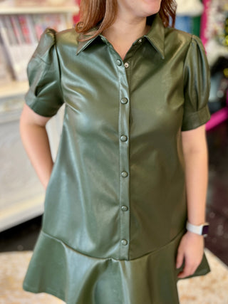 Olive Faux Leather Flare Dress