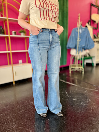 Light Medium Front Seam Denim Flare Jeans