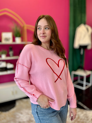 Pink & Red Embroidery Heart Sweater