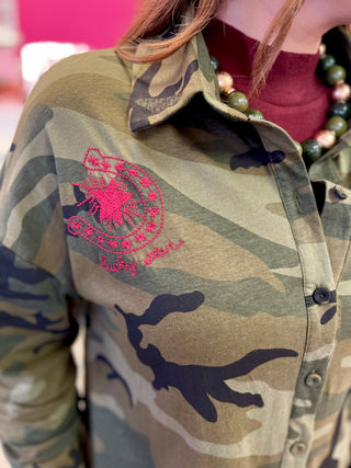 Camo Button Up Embroidery Top