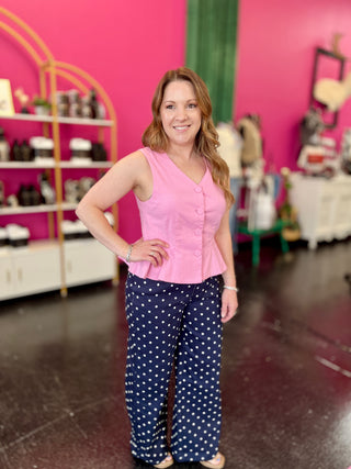 Navy & White Polka Dot Wide Leg Pants