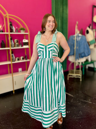 Green & White Striped Midi Dress