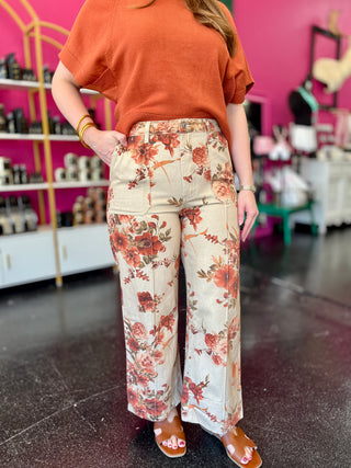 Taupe & Orange Floral Wide Leg Pants